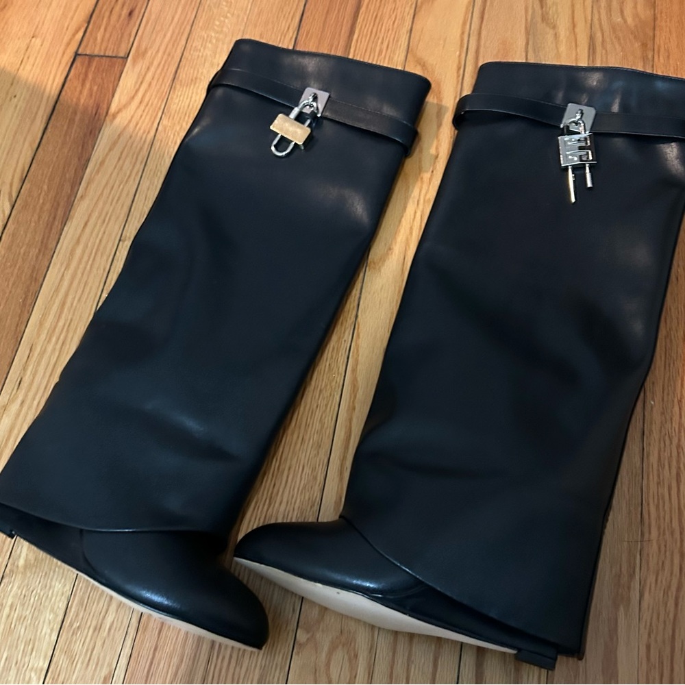 Women’s Black Over-the-Knee Leather Boots with Silver Lock Detail
